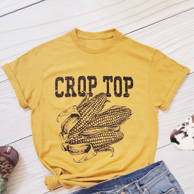 Crop Top Slogan Women T-shirt Vintage Cartoon Corn Print Female Shirt New Hot Sale Popular Vintage Summer Casual Girl Tee