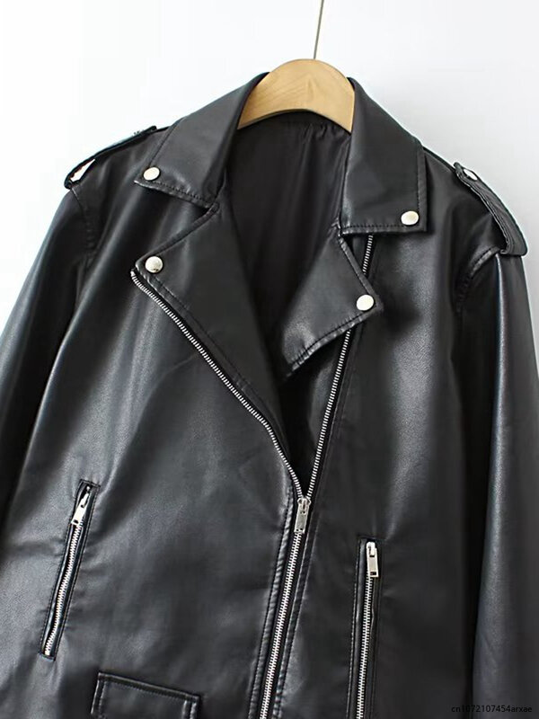 เสื้อแจ็คเก็ตหนังสังเคราะห์สีดำโอเวอร์ไซส์สำหรับผู้หญิงเสื้อโค้ทแขนยาวมีซิปใหม่2023
