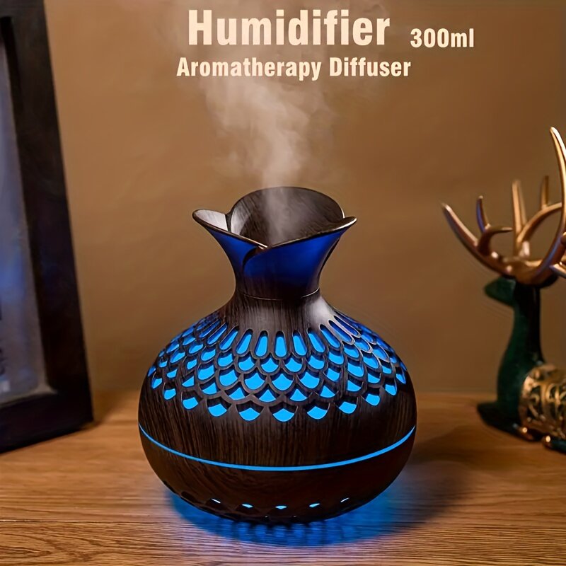 Humidificador de aire con forma de florero de madera, difusor de aceite de aromaterapia con luz colorida, minihumidificador usb, 300ml