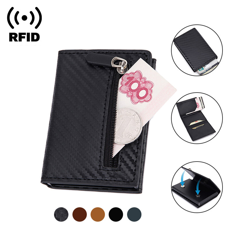 男性用RFIDカーボンファイバーカードホルダー,スリムなレザーレット,ミニ財布,財布,黒,新しい2022