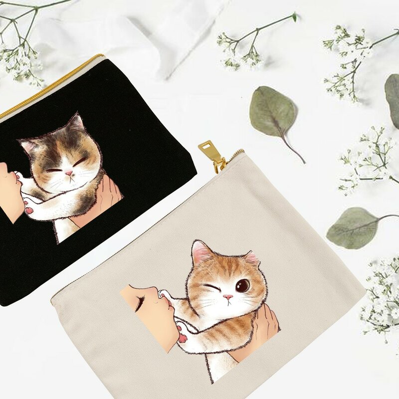 키스 귀여운 고양이 프린트 여성 화장품 가방, 캔버스 메이크업 가방 파우치 여행 세면 용품 정리 가방 대용량 암탉 파티 선물