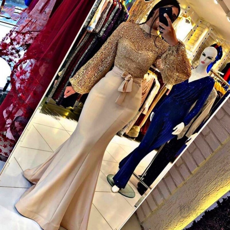 Mode Gold Abendkleider 2023 High Neck Volle Hülsen Schärpen Meerjungfrau Satin Saudi Arabisch Vestidos De Fiesta Formales Abschlussball-kleid