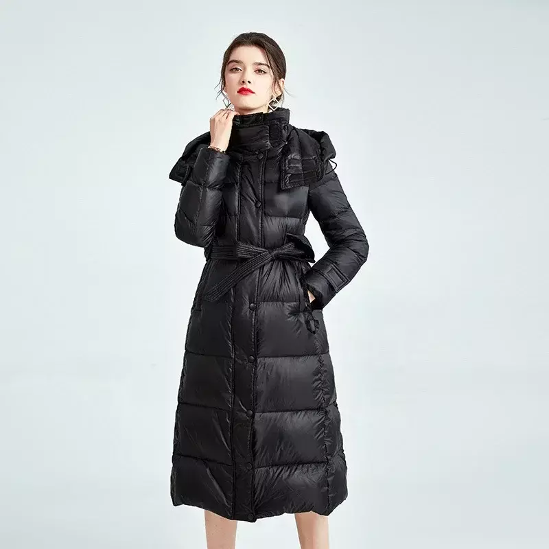 Parka de plumón para mujer, chaqueta de longitud media, impermeable, cálida, plumón de pato 90%, cintura delgada, con cordones, Abrigo acolchado con capucha, mujer