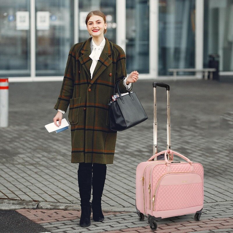 Tas koper bergulir 17.3 inci, dengan roda dan kunci TSA, tas komputer untuk pekerjaan perjalanan bisnis, merah muda