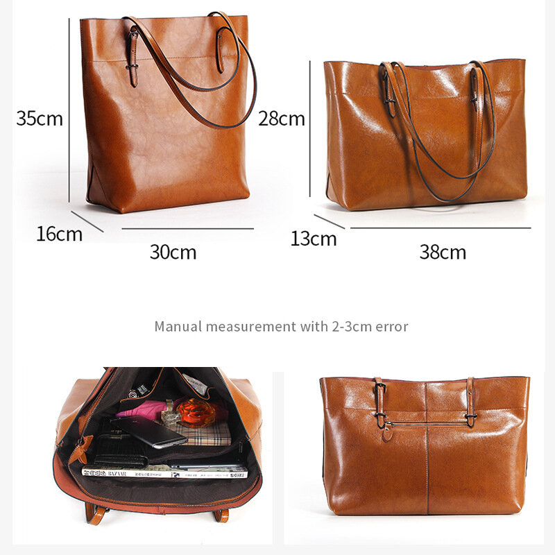 women's New Leather Handbags Fashion Oil Wax Leather Big  tote bags for women Portable Shoulder Bag  38*28*13