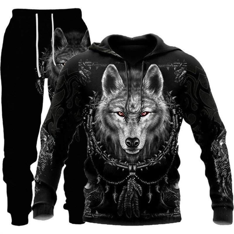 Wolf Set celana Hoodie motif 3D kasual, baju jumper musim gugur musim dingin, setelan pakaian mode untuk pria
