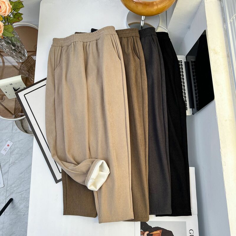 Pantalones sencillos de lana para mujer, calzas de cintura alta, informales, cálidas, de talla grande, 100KG, otoño e invierno, 1750