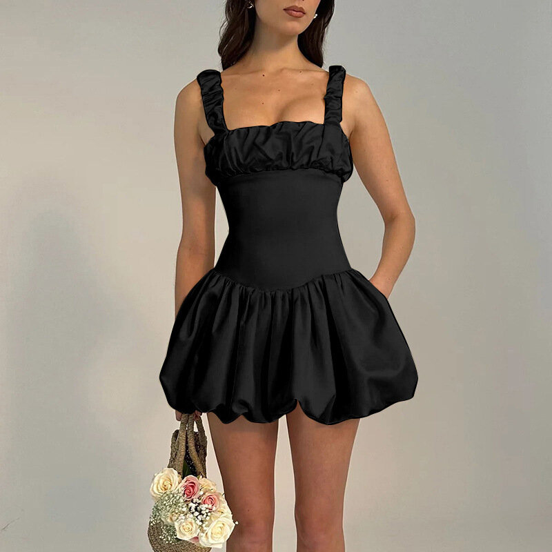 Gaun pendek elegan seksi gaun Mini ramping Ruched tanpa lengan punggung musim panas wanita pakaian pantai wanita Fashion pesta klub malam