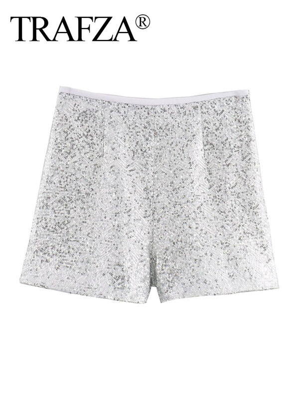 TRAFZA-pantalones cortos con lentejuelas plateadas para mujer, Shorts ajustados de cintura alta con cremallera lateral, ropa de calle informal elegante, 2024