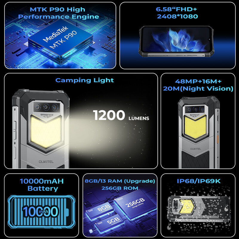 Oukitel-cámara nocturna resistente WP26, 10000mAh, 8GB de RAM, 256GB de ROM, 48MP + 20MP, MTK P90