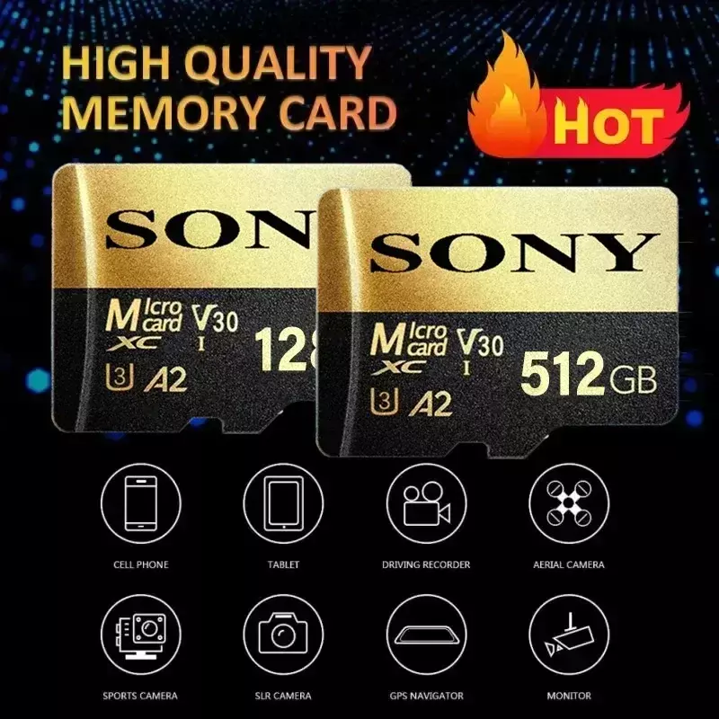 SONY 1TB Micro SD การ์ดหน่วยความจำ tf/sd การ์ด128GB 256GB 512GB Class10การ์ดความจำขนาดเล็กสำหรับกล้อง/โทรศัพท์2024ใหม่