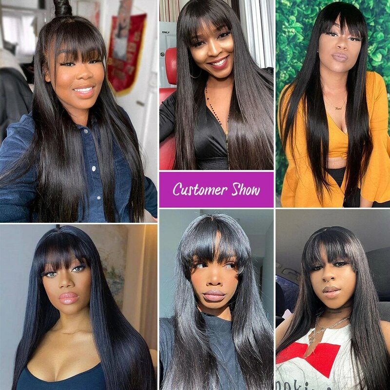 Silky Straight Human Hair Wigs With Bang Full Machine Made Wigs 8-30inch Natural Color Glueless Peruvian Remy Human Hair Wigs