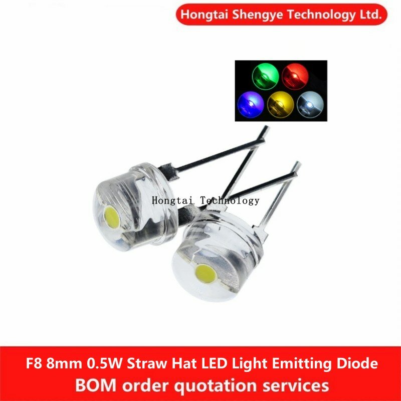 Grânulos de luz LED super brilhantes, diodos emissores de luz transparentes, chapéu de palha, branco, vermelho, azul, verde, amarelo, 3.0-3.2V, F8, 8mm, 0,5 W