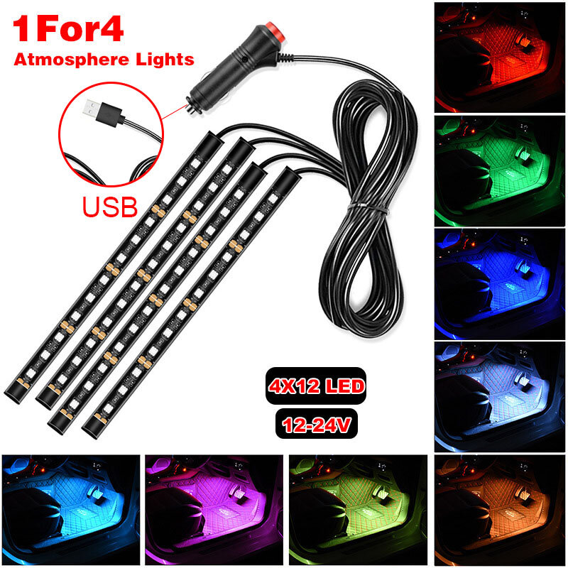 Car Interior 48 LED 4 in1 or 2 in 1Strip Atmosphere Decorative Ambient Light Flexible For 12-24V