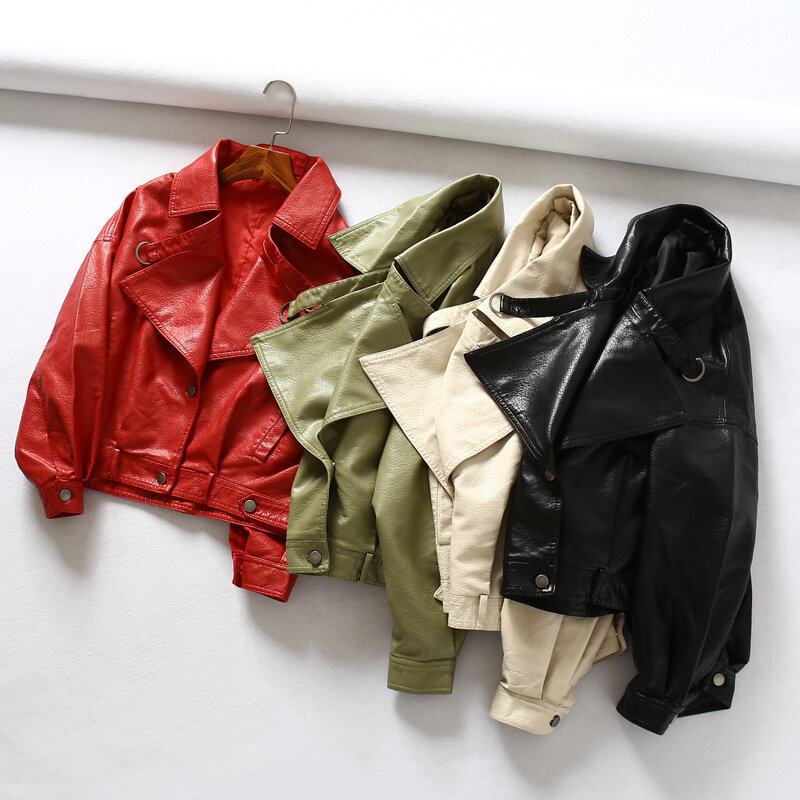 Женская байкерская куртка из искусственной кожи, красная или зеленая короткая мотоциклетная куртка свободного покроя, 2023