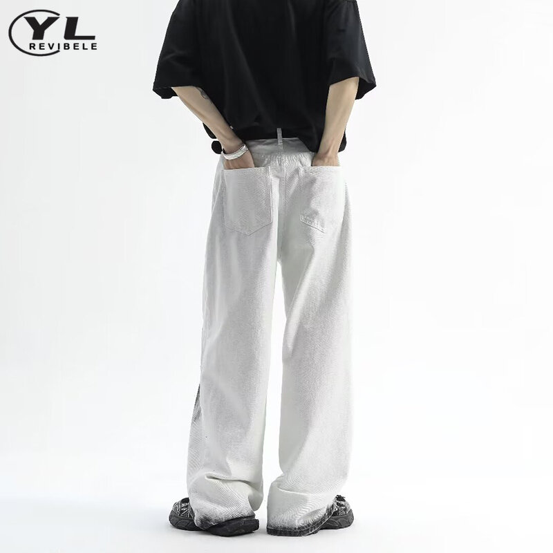 Calças de brim brancas largas para homens e mulheres, estilo harajuku, retro, com buraco, perna larga, perna larga, oversize, reta, rua, novo, anos 90
