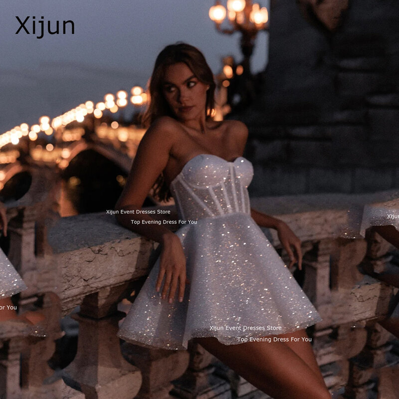 Xijun ชุดแต่งงานแวววาวเดรสงานพรอมแขนกุดแสนหวานชุดเดรสสำหรับเจ้าสาวกระโปรงสั้นผ้าบางเนื้อละเอียด