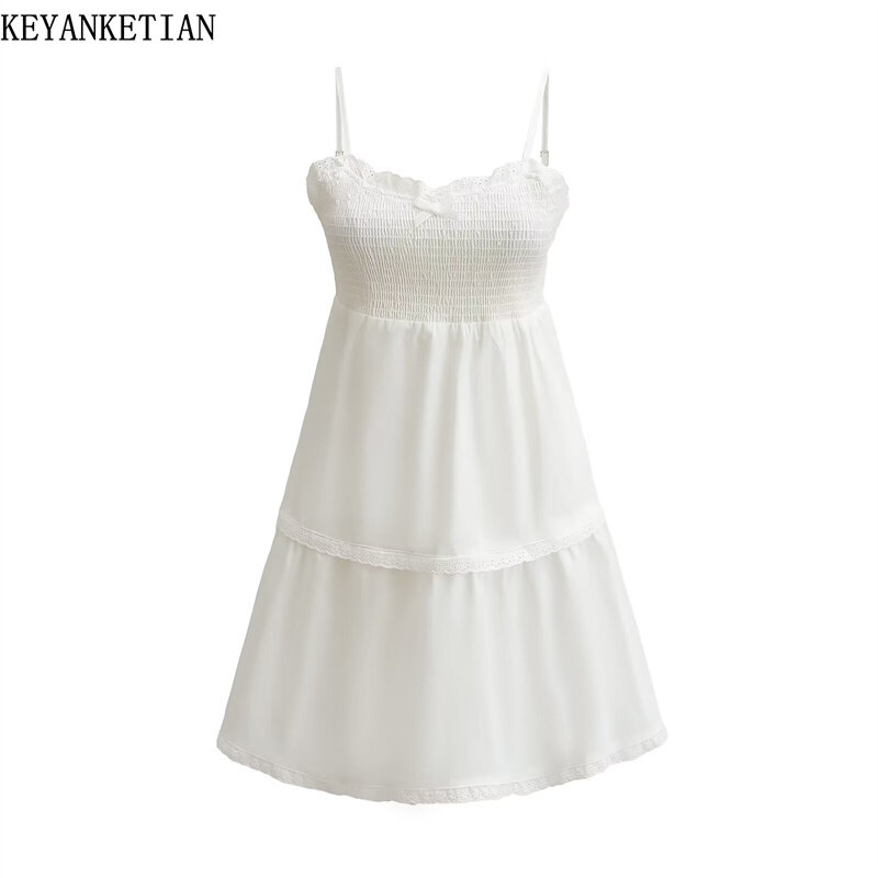 KEYANKETIAN 2024 New Launch Lace Patchwork Bow ornament Elastic Waist Slip Dress Women Sweet White Slim Tiered A-line Mini Dress