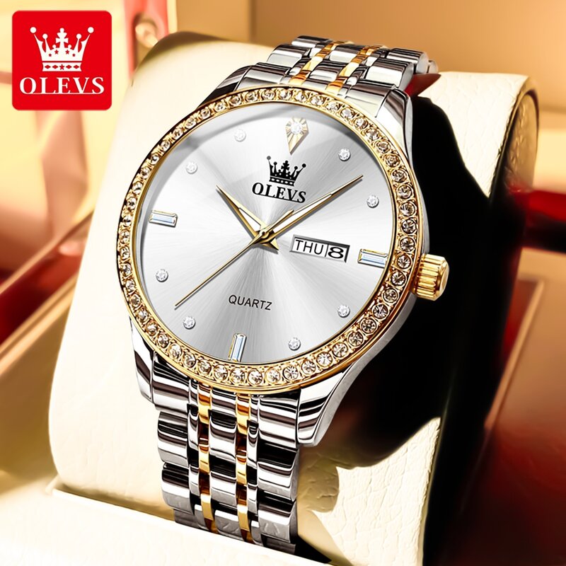 OLEVS Brand New Fashion tydzień data zegarek kwarcowy mężczyźni stal nierdzewna wodoodporne świecące luksusowe zegarki diamentowe męskie Reloj Hombre