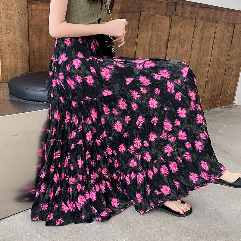 Z nadrukiem w kwiatowy spódnice szyfonowe z Winkle spódnice z elastyczną talią w stylu Vintage luźne duże obszycie na wakacje długie spódnice damskie