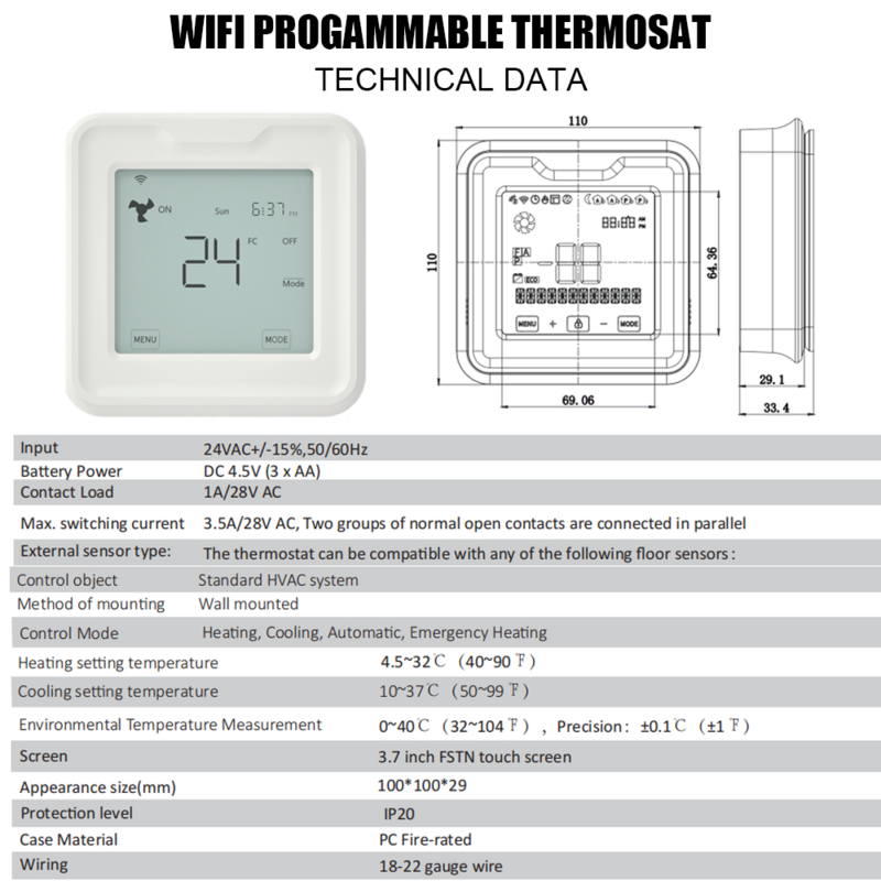 Jianshu Thermostat intelligent WiFi, numérique, Mural, Manuel, pour systèmes de Chauffage et de Refroidissement, régulateur de température avec molette de réglage, Compatible avec Google Home, Amazon Alexa