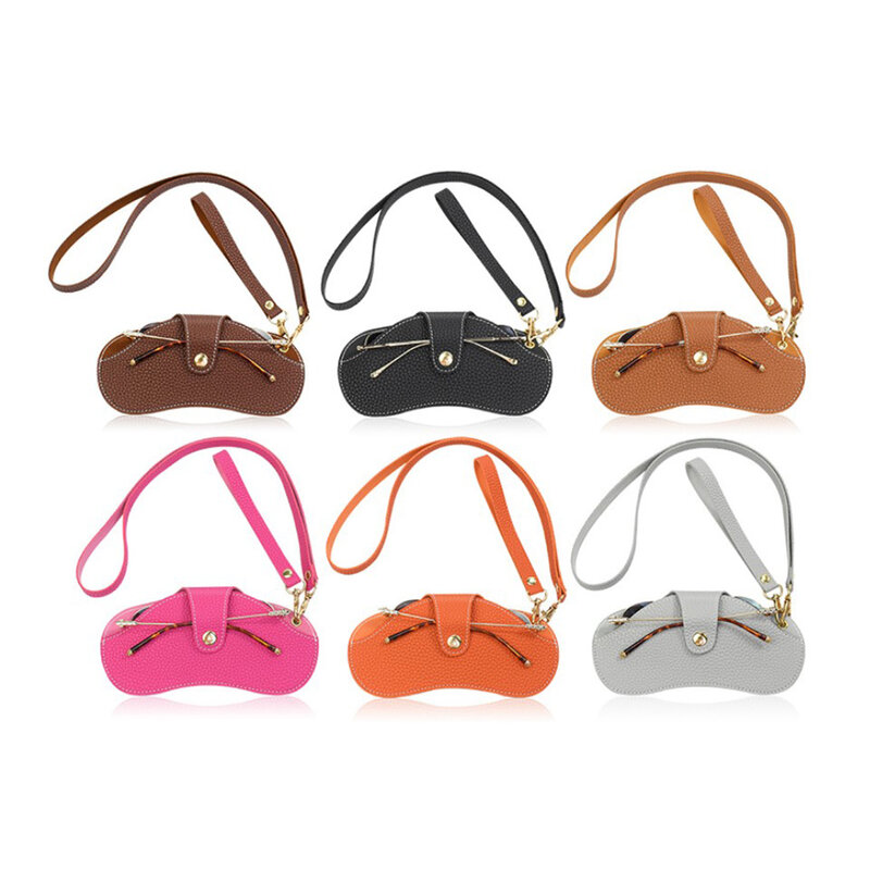 Boîte de lunettes de soleil portable rétro en cuir PU pour femmes, étui à lunettes, sacs à poudres, pendentif de rangement de lunettes avec bracelet, tour de cou