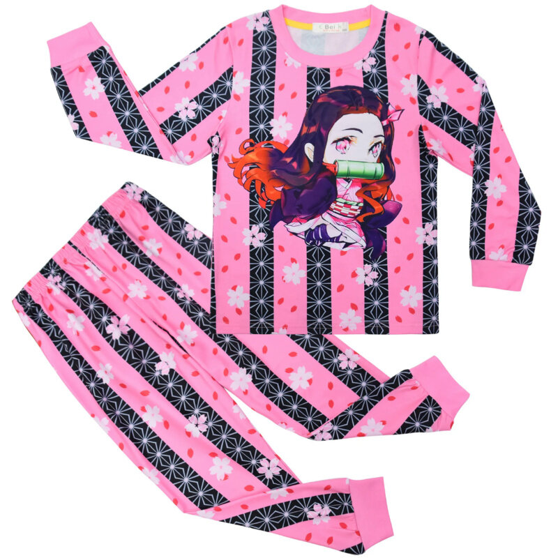 Demon Slayer Anime Toddler Boy Clothes Autumn Pajamas Cotton Long Sleeve T Shirt   Pants Costume Girls Casual Sportswear Set
