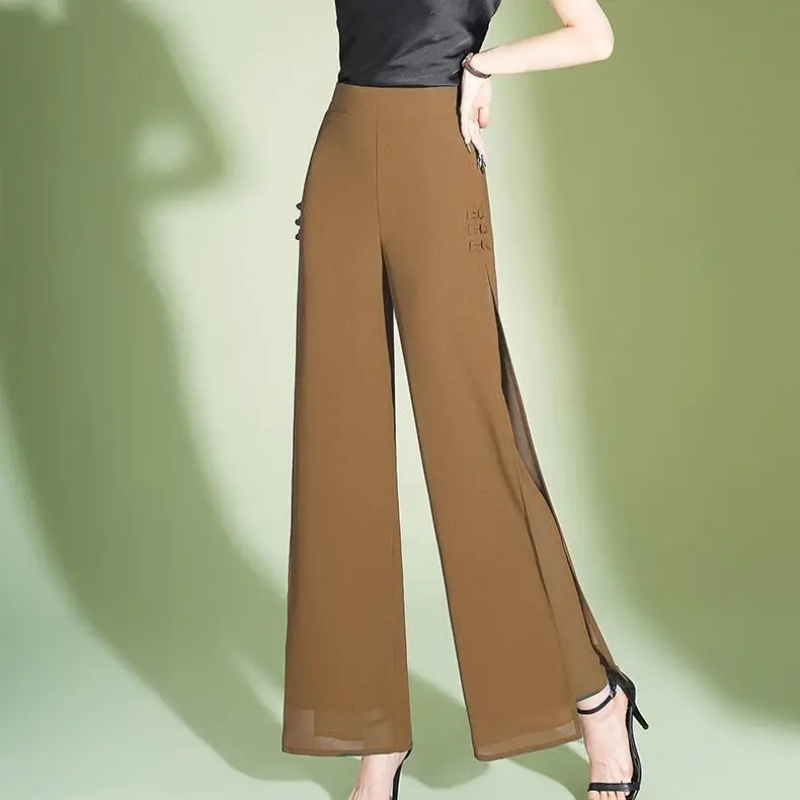 Celana panjang kaki lebar wanita, celana panjang lurus longgar Korea kancing pinggang tinggi elastis polos lapisan ganda musim panas