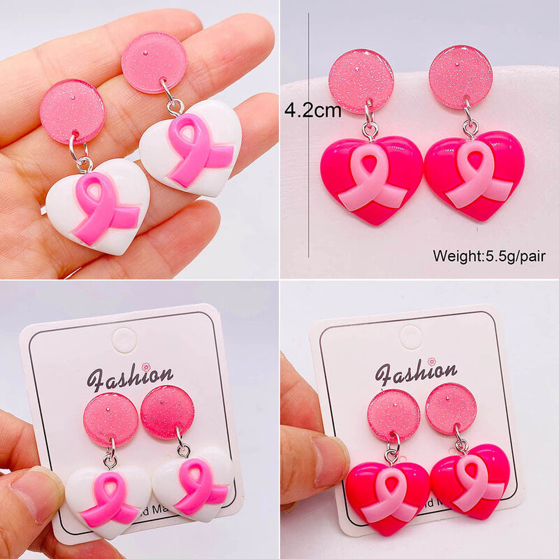 1 Pair Pink Heart Ribbon Treadrop Dangling Earring Themed Breast Cancer Awareness Survivor Ear Jewelry Gifts For Women Wholesale