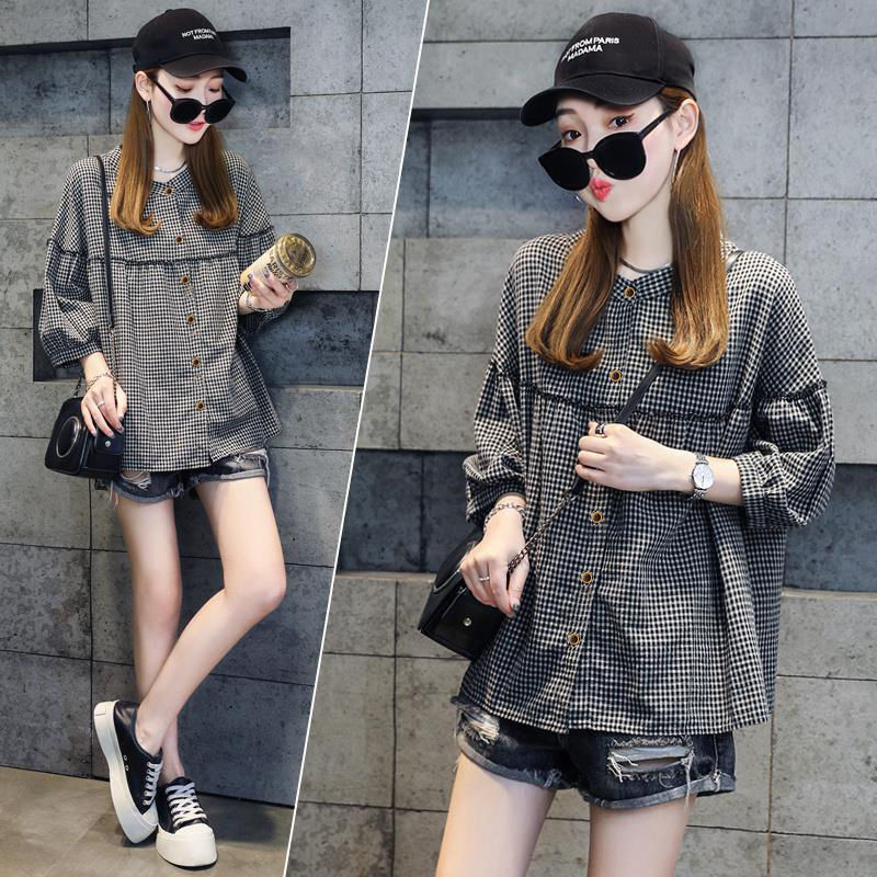 Fashion O-Neck Folds Loose Casual Plaid Shirts Female Clothing 2024 Spring Summer New Oversized Korean Tops All-match Blouses