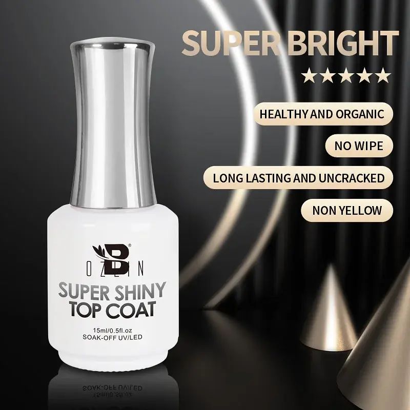 BOZLIN 15ML Super Shiny Top Coat Nail Art Gel Varnish Semi Permanent Soak Off  No Wipe UV Gel Varnish Shining Clear Top Coat