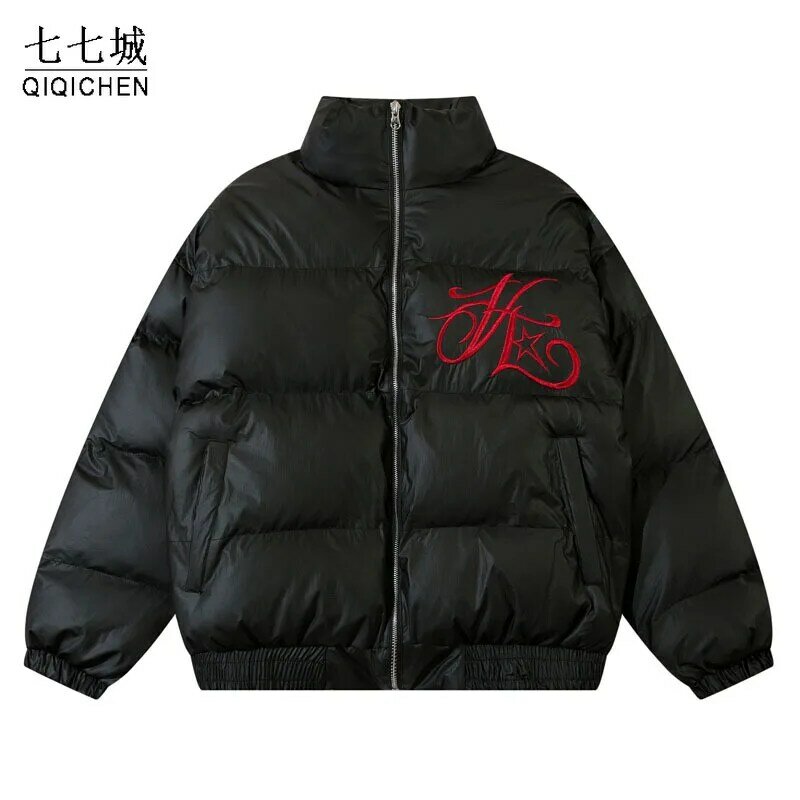 Harajuku bordado Star Parka masculino, jaqueta grossa impermeável, casaco grande, streetwear unissex, moda casual, inverno