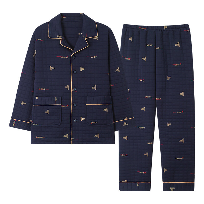 Pijama fino de algodão masculino, estilo lapela, estampado, 3 camadas, para casa, outono e inverno