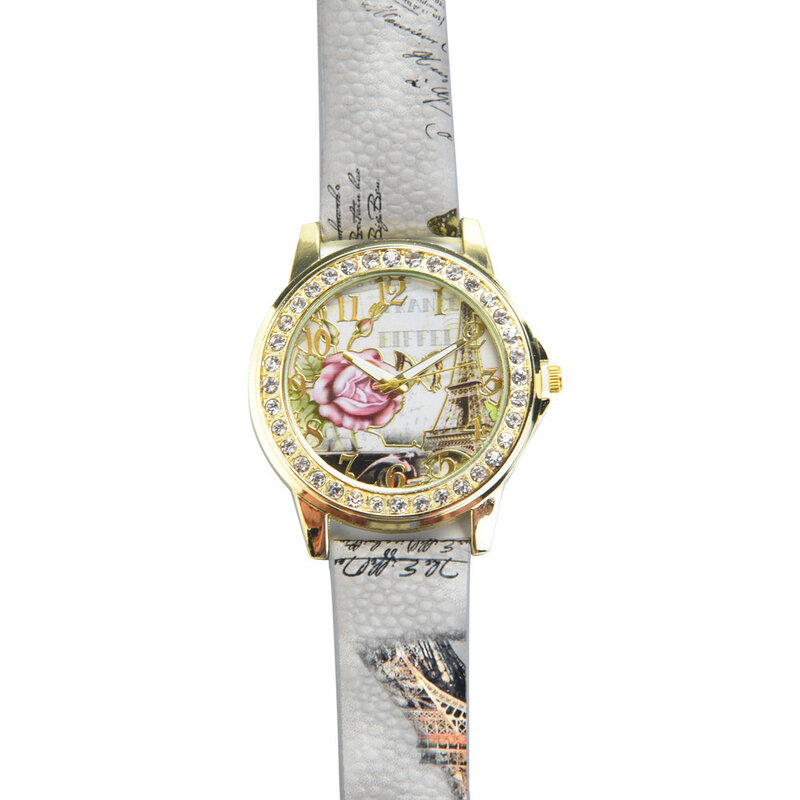 Rwatches para mujer, reloj redondo con patrón de rosa, banda de cuero, relojes de moda, reloj de cuarzo para mujer, diseño de moda