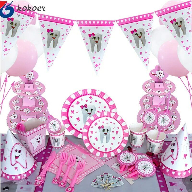 Mädchen mein erster Zahn rosa Party Dekor liefert Einweg geschirr Papp teller Tassen Banner Baby party Geburtstag Zahn ballon