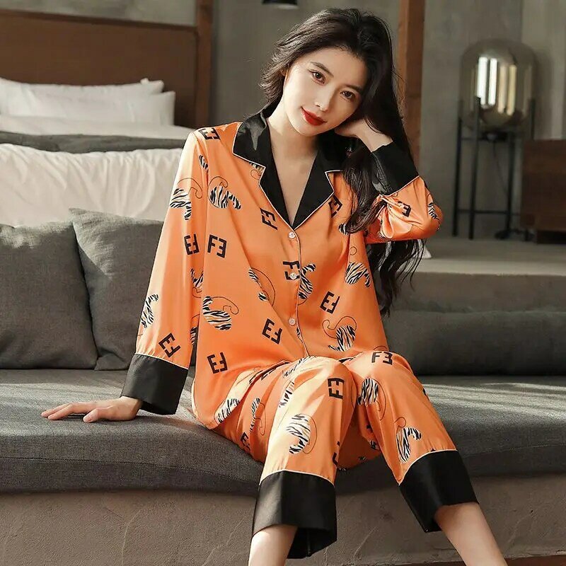 2024 New Women Pajamas Spring Autumn Female Ice Silk Thin Long Sleeve High Sense Nightclothes Suit Casual Temperament Homewear