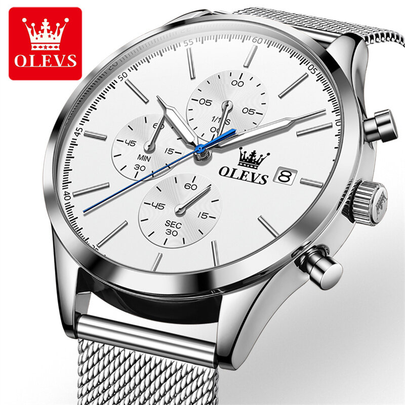 OLEVS Men Watch Chronograph Sports Quartz Mens Watches Silver Mesh Belt Date Luminous Waterproof Wristwatch Men Relogio