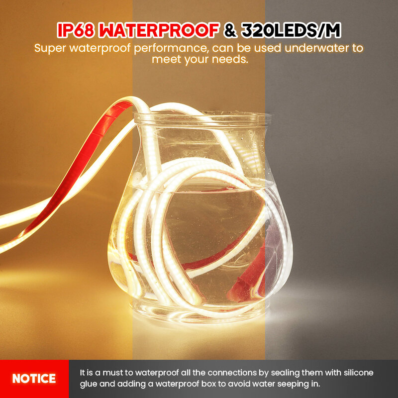 IP68 Waterproof COB LED Strip Light 12V 24V 5m 10m 15m 20m 0.5m Flexible Tape 320LED/m High Density Bright Liner Lighting RA90