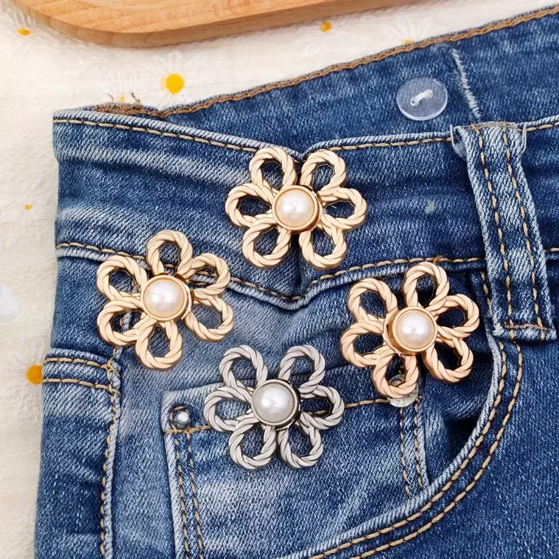1-6 Paar Metalen Uitgeholde Bloemenbloem Taillegesp Mode Eenvoudige Jeans Verstelbare Taille Knoop Eenvoudige Taillesluiting