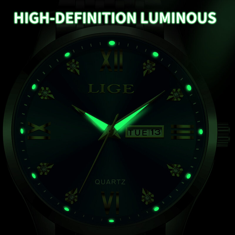 LIGE Fashion Luxury Quartz Watches Top Brand Business Stainless Steel Belt Watch for Men Waterproof Luminous Calendar Wristwatch