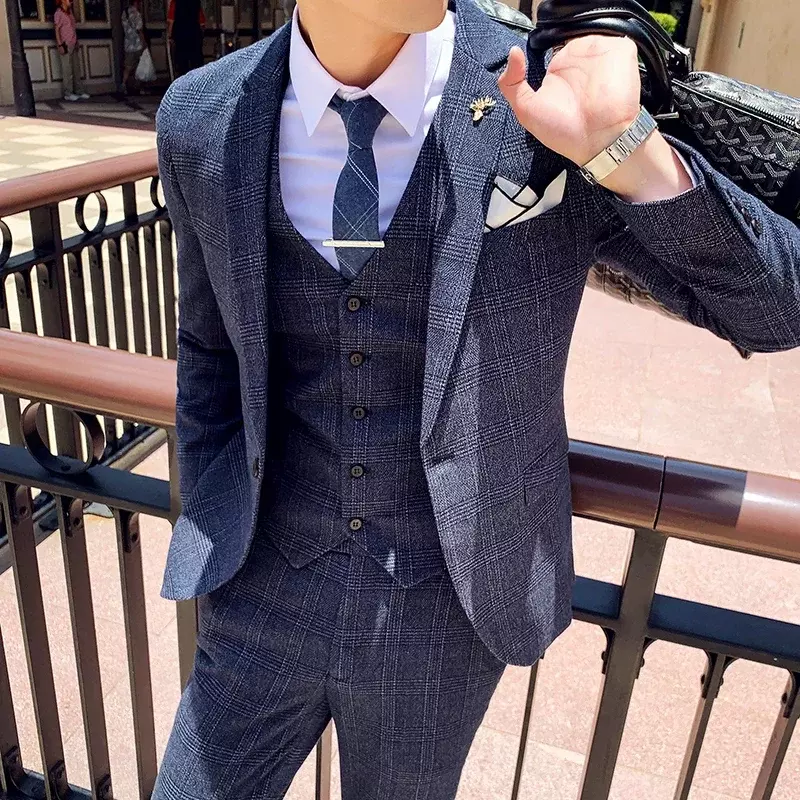 Setelan Jaket Rompi Celana Pria Butik Mode Kotak-kotak Kasual Bisnis Pria Pengantin Pria Gaun Tuksedo Pernikahan 3 Potong Set Mantel Blazer