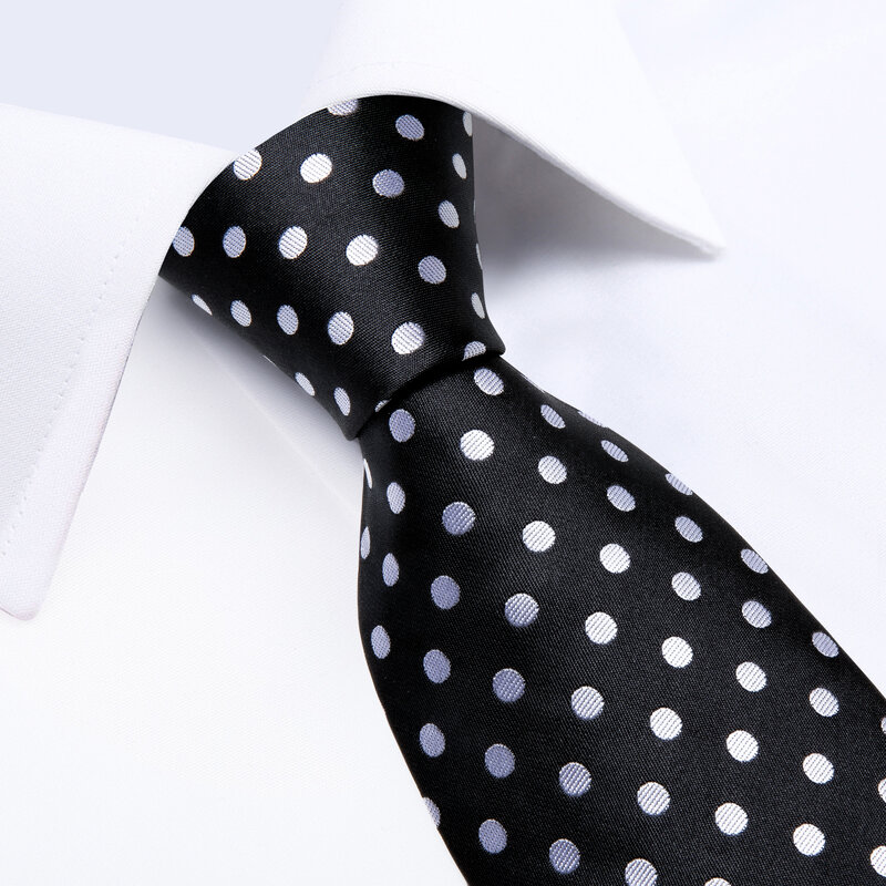 White Dot Black Silk Ties For Men Business Wedding 8cm Men's Neck Tie Pocket Square Cufflinks Men Accessoreis Gift