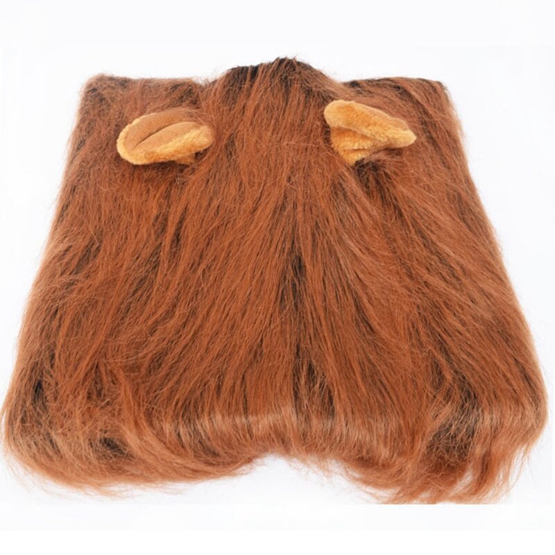 Topi tutup kepala singa hewan peliharaan, kostum rambut singa dengan telinga untuk anjing Festival Natal kostum Cosplay-cokelat tua