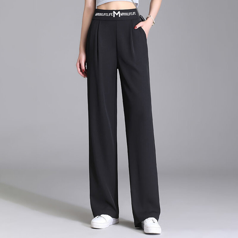 Black Gray Khaki Casual Length Pants for Women Loose Office Pants High Waist Straight Trousers with Solid Color