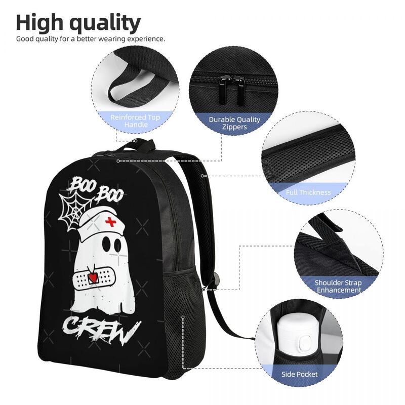 Boo Boo Crew Nurse Ghost Funny Halloween Backpack Adjustable Shoulder Strap Stylish Lightweight Large Capacity
