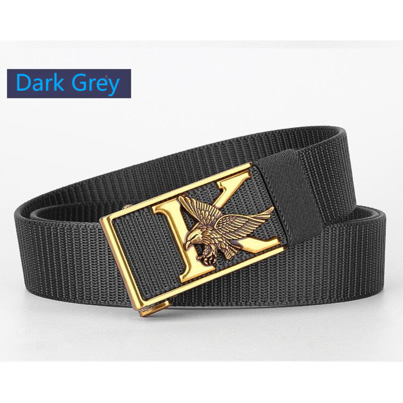 Cinturones únicos de punto de águila voladora para hombres, accesorios de lona de moda, poliéster, Metal, calidad, negro, gris oscuro, 3,4mm
