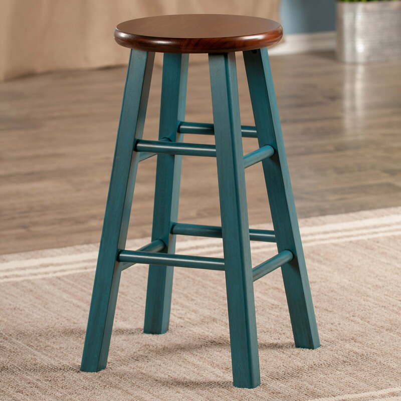 24" Counter Height Stool Kitchen Backless Rustic Teal & Walnut Finish Wood Bar Chair