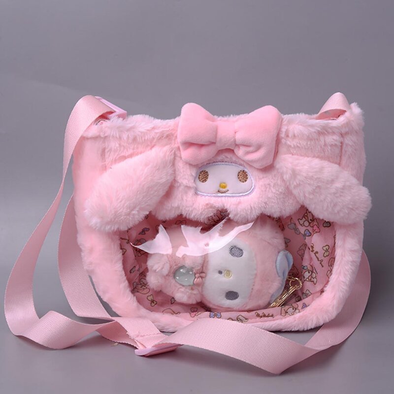 Sanrio-女の子のためのキャンバスのぬいぐるみ,フラップ付きの子供のおもちゃ,ショルダーバッグ