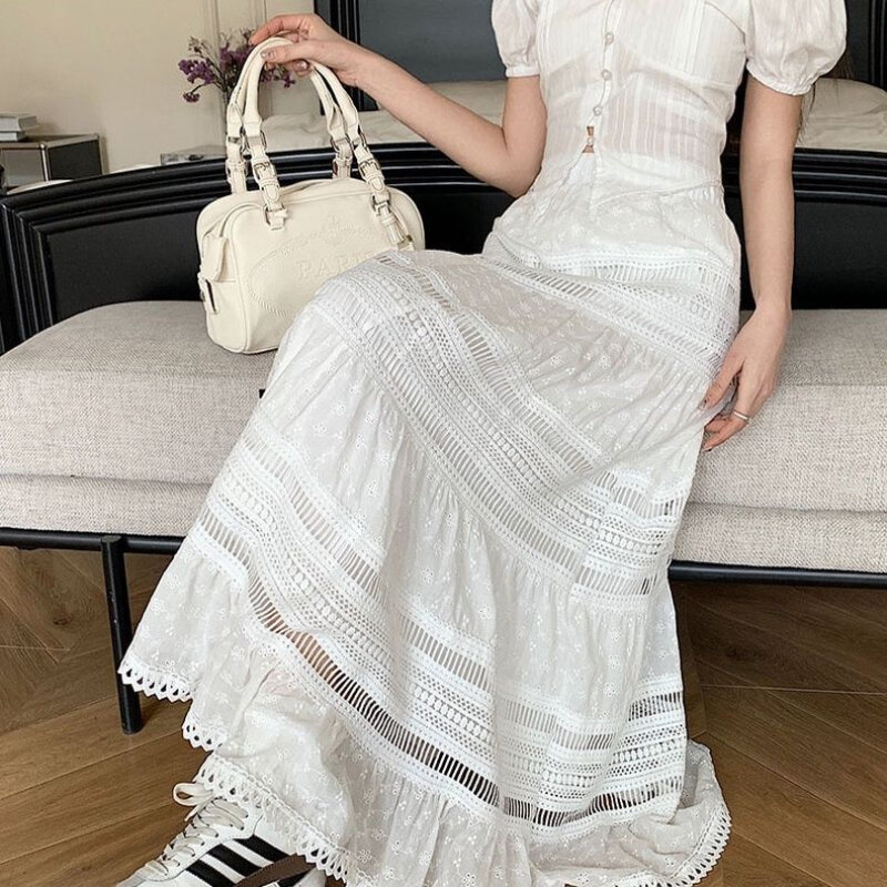 Weiße hohle Spitzen röcke im französischen Stil für Frauen Sommer neu alle passenden A-Linie langen Rock Dame lässig Faldas