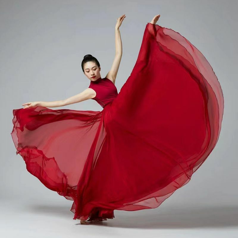 Kostum dansa klasik 720 derajat, kostum tari rok merah dan putih, rok sifon dua lapis ayunan besar mengalir untuk wanita